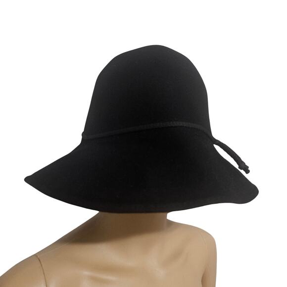 1990s Helen Kaminski Black Merino Wool Cloche Hat Cotton Rope Hatband Size L